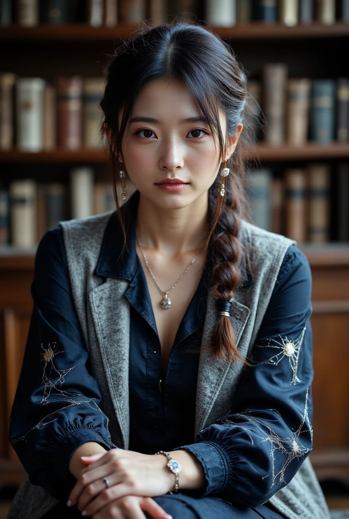 ultra-high definition,Realistic and realistic photo-level effects, with the temperament of an ancient lady,Knees Seated in Bookcase,Dark Navy Blue Long Shirt,Heavy Silk Texture,Star Sparkle,Wide Coat Sleeve Drawstring,Gray Silver Silk Outer Layer,Embroidered Flying Scalloped Plums,The corners of her lips were tightly pursed,Spider Silk Skin,Invisible Thread Wrapping Wrist