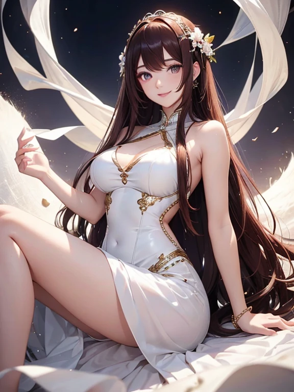 Brown Hair long hair Golden Eyes Cat Eyes Crying Mole Beauty beautiful Silver Angel White Feather Halo Starry Sky