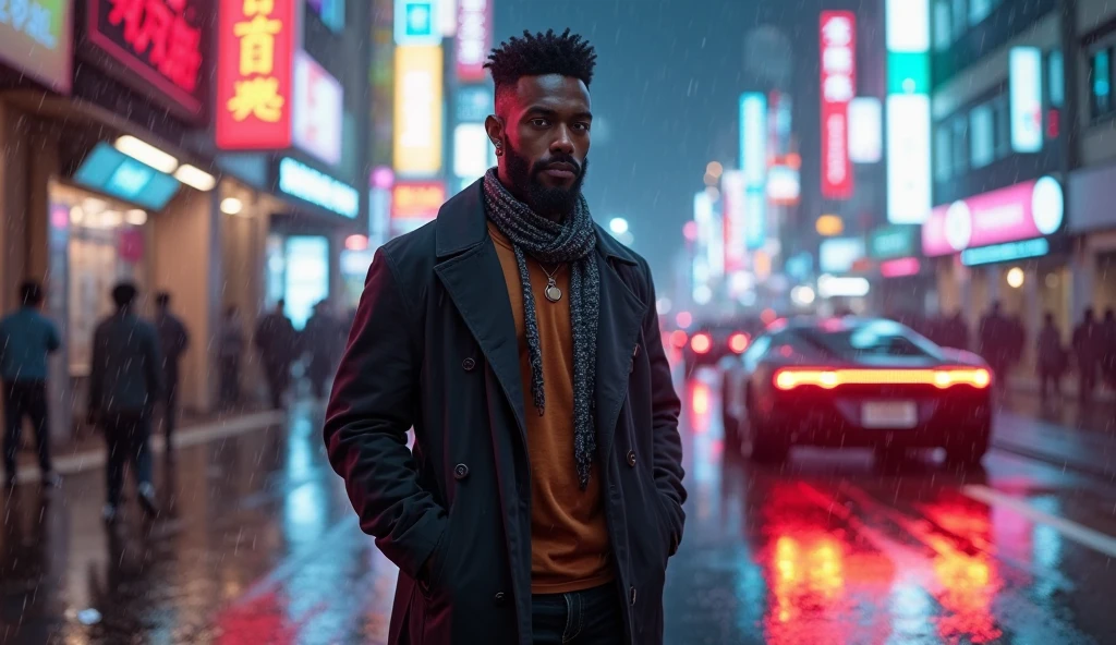 Cyberpunk city street at night, inspired by Tokyo or Hong Kong. Neon signs in vibrant colors reflect on the wet pavement. A stylish Black man stands alone in the foreground. He has a high-top fade haircut, full beard and mustache, wearing a tight brown t-shirt, a patterned scarf around his neck, and a long black trench coat. He looks confident and alert. Futuristic cars drive by in the background. The atmosphere is cinematic, moody, and rainy, with deep shadows and glowing neon lights. Ultra-detailed, high realism, 4K resolution.