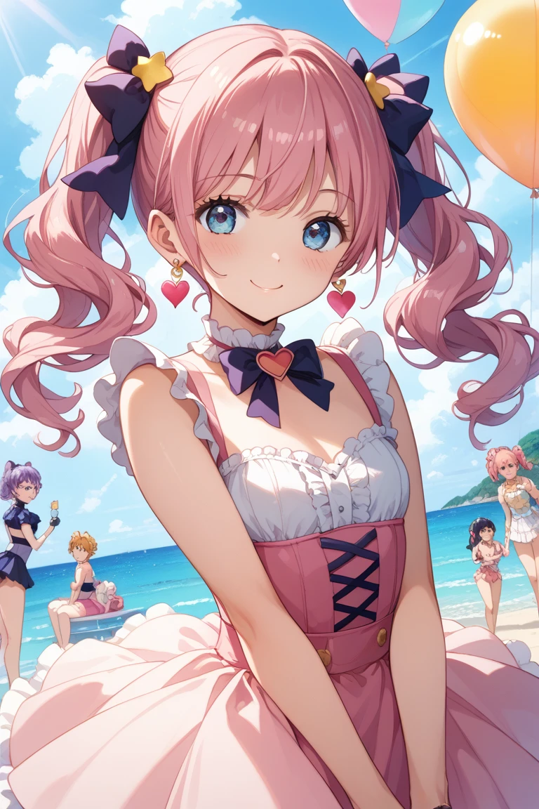 June is tan-skinned with black eyes and pale pink cheeks. Her hair is made of sand and shaped into a sand castle. Also on her head is a red bucket and three gold stars. She wears a frilly pastel blue swim outfit with fuchsia floaties on her back, resembling a pair of wings. Around her waist is an orange floatie. For shoes, she wears bright red flats. SPARKLE; GLITTER