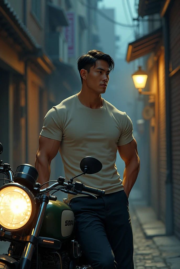 Muscular guy in skinny t shirt leaning on a motorcycle at night in a street in anime ghibli style
