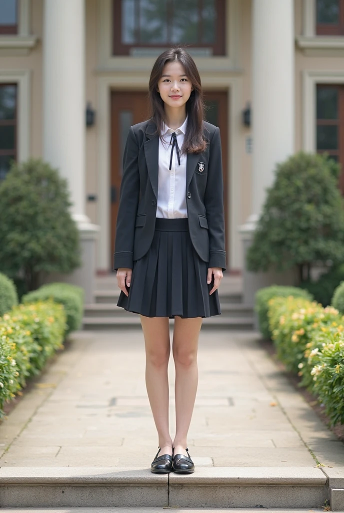 Schoolgirl in a suit with a pleated miniskirt, jacket and high-heeled sandals standing with her legs very open and full body in a park