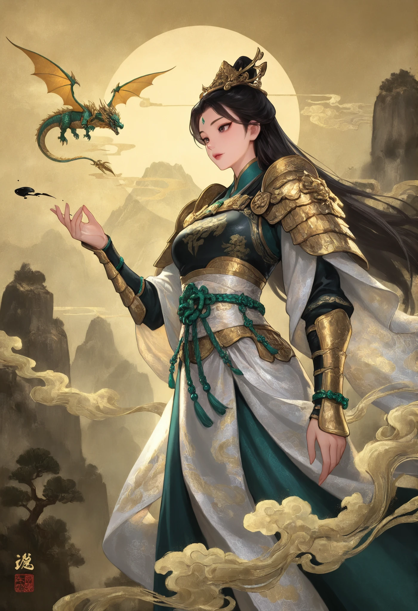 1girl,dragon rider in Ming dynasty flying fish robe, embroidered with golden clouds, jade belt, iron-winged dragon, mountain peaks, ink painting sky, traditional Chinese armor pauldrons, silk sash fluttering, cinematic wuxia lighting
,masterpiece, best quality, newest, highres, absurdres,