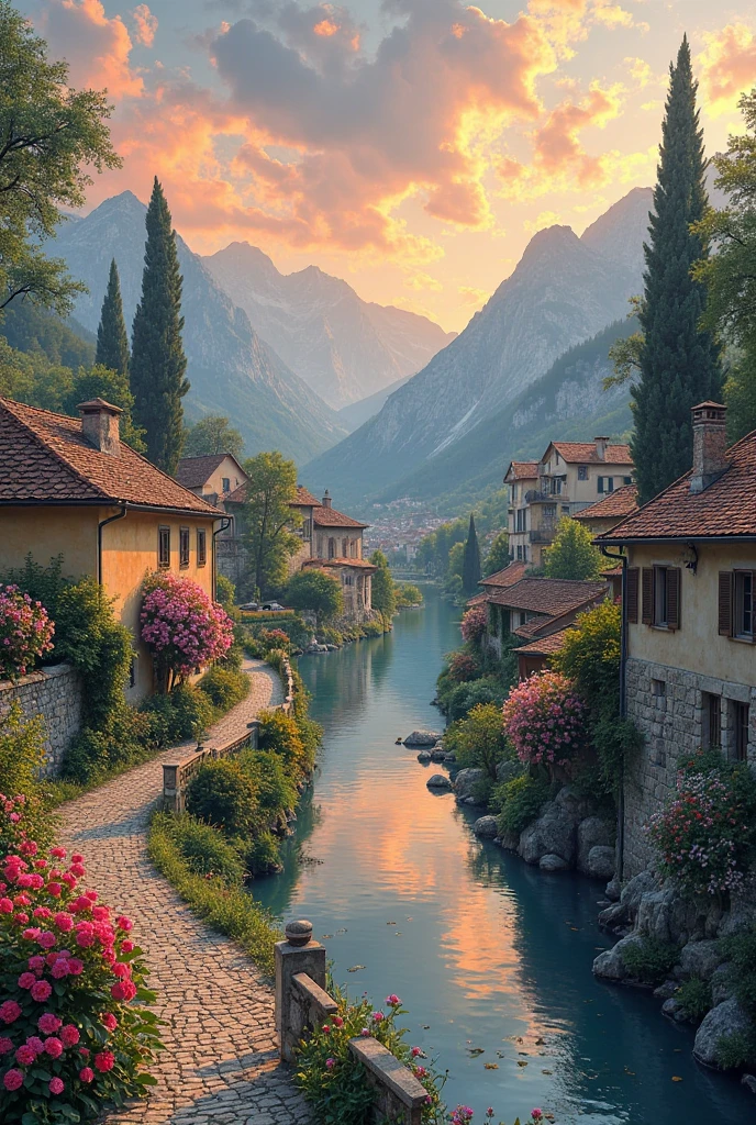 a small village by the river, mountains in the background, fleurs florales colorées,  detailed landscape , Beaux paysages naturels, atmospheric lighting, coucher de soleil brûlant, warm colors, pratique, photorealistic, Detailed foliage ,  complex buildings, Cobblestone street, Charming country house, bright swirling colors, lush vegetation,  Reflections of still water, Pittoresque, idyllique,  work of art, best quality, 8k, extremely detailed, style anime.