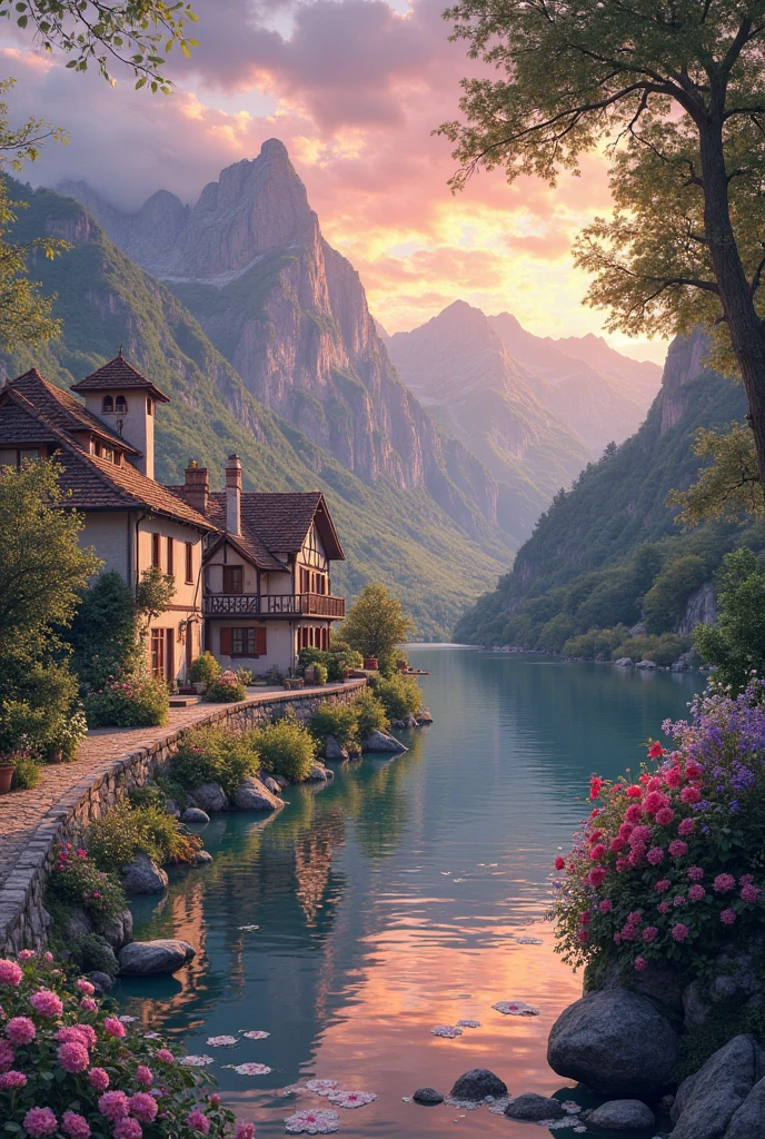a small village by the river, mountains in the background, fleurs florales colorées, detailed landscape , Beaux paysages naturels, atmospheric lighting, coucher de soleil brûlant, warm colors, pratique, photorealistic, Detailed foliage , complex buildings, Cobblestone street, Charming country house, bright swirling colors, lush vegetation, Reflections of still water, Pittoresque, idyllique, work of art, best quality, 8k, extremely detailed, style anime.