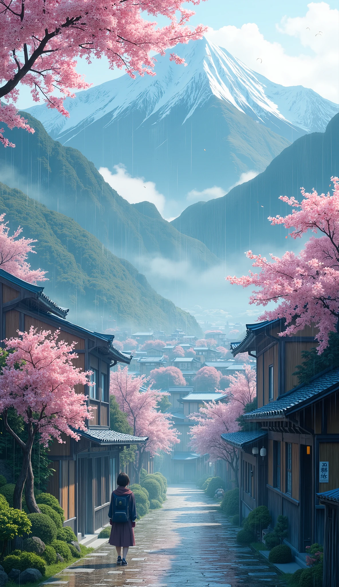 masterpiece, Best Quality, details,Silence、Village deep in the mountains、Yamazakura、rain、rain雲、 Deep Mist、Cherry blossoms in Yoshino