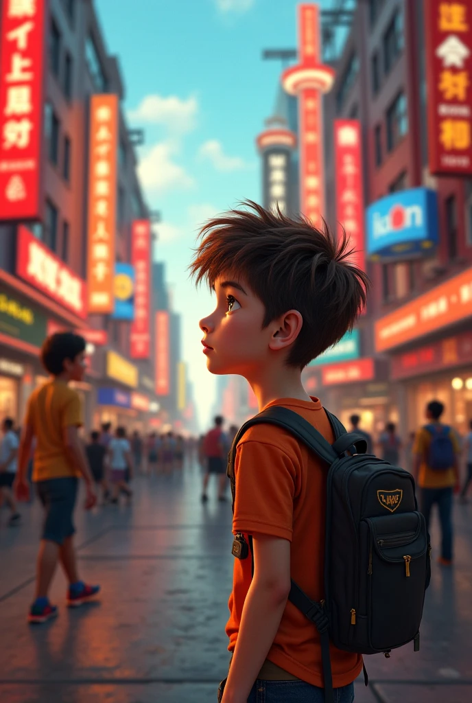 This boy standing in a street with a girl. Just show the boy face 