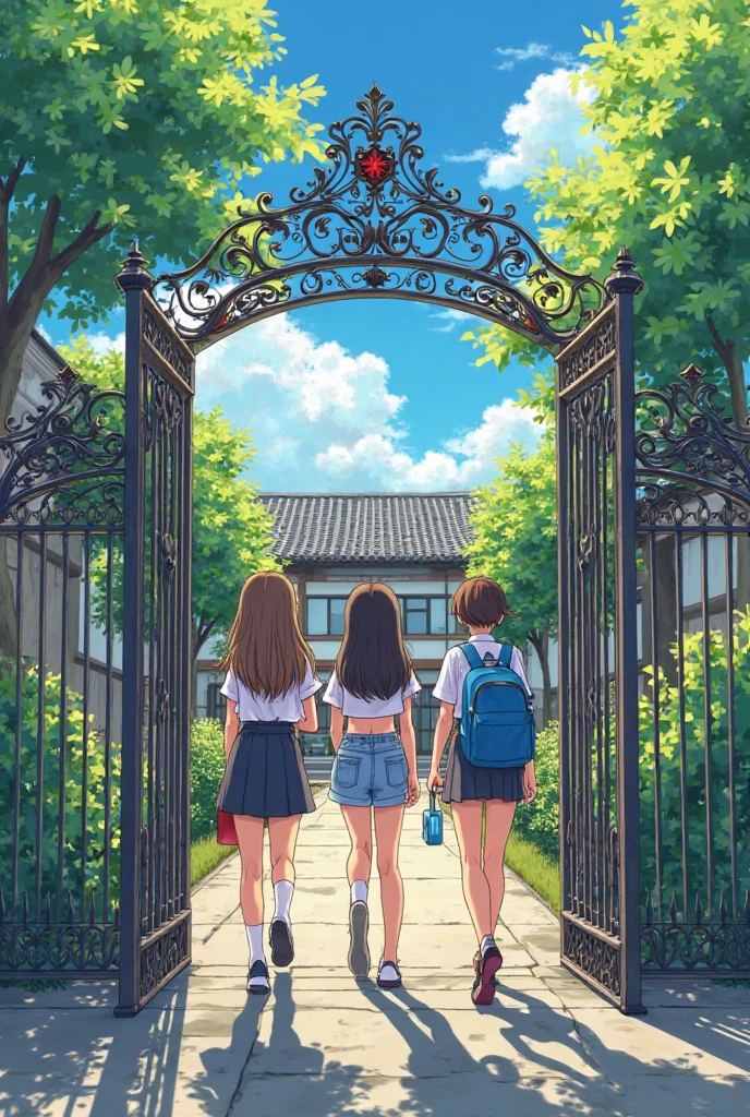 Create a high school manga image and small gate to enter three friends 