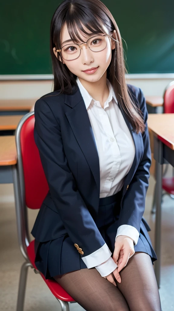((Tabletop)), (Detailed face), (highlight),　Asian Girl、thigh、Black Hair、Heavy bangs、high school girl、skirt、blazer、Support your chest with your arms、Gazing Eyes、