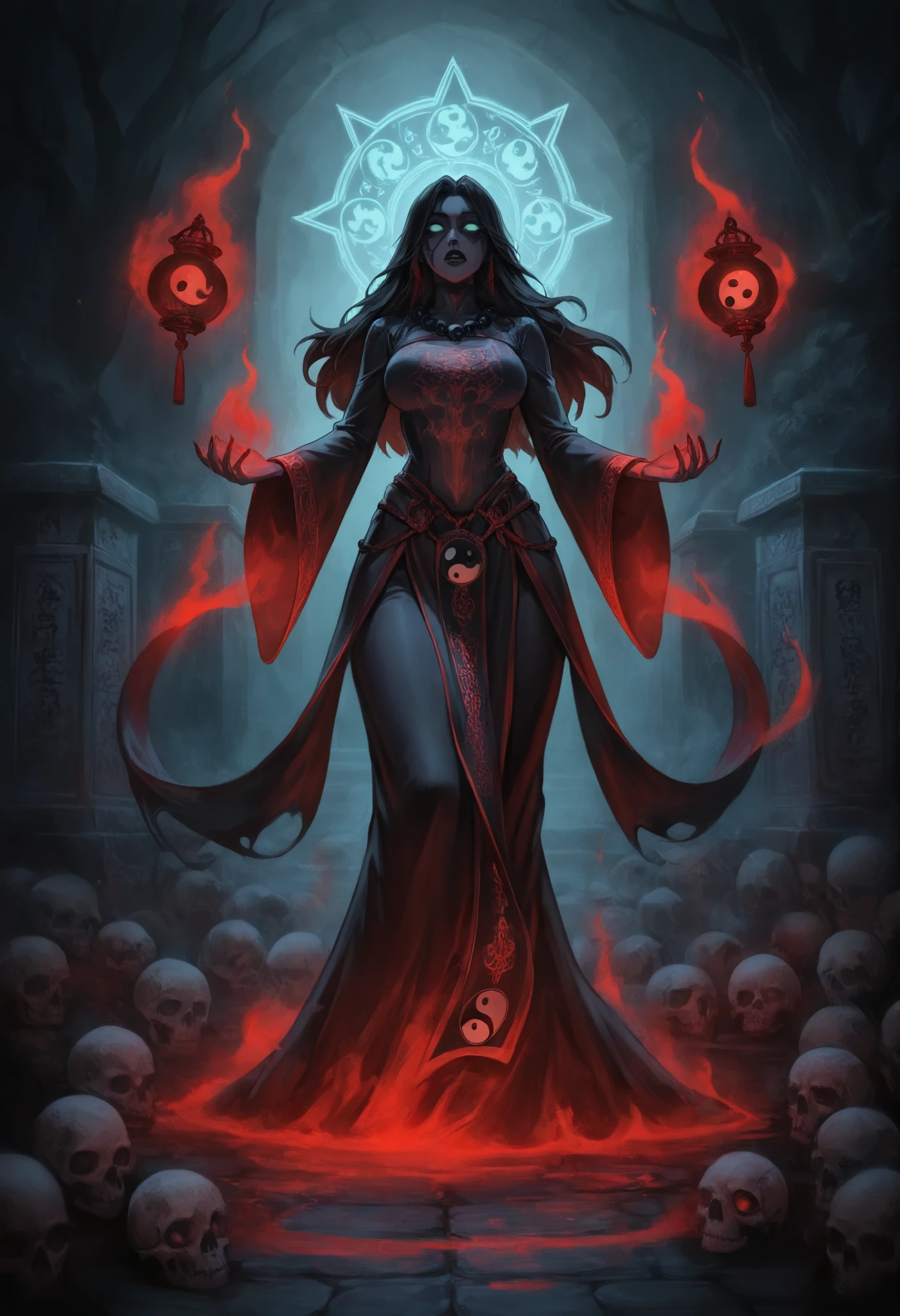 RAW photo, photorealistic, beautiful woman, standing, full body shot, perfect symmetric eyes, soft lush curly warm hair, cleavage, evil look, mask, hood, glowing, fire, gauntlets, cloak, hood up, detailed clothes features, choker, earrings, belt, bracelet, background dungeon of the old castle, shot with a Canon EF 100mm f/2.8L Macro IS USM Lens, hdr, dslr, 16k