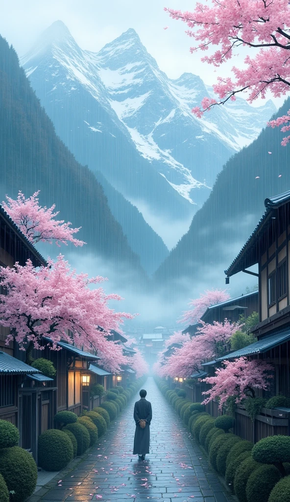 masterpiece, Best Quality, details,Silence、Village deep in the mountains、Yamazakura、rain、rain雲、 Deep Mist、Cherry blossoms in Yoshino