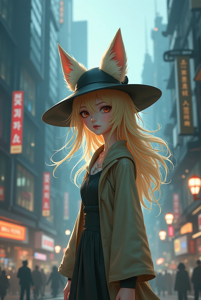 A girl who is a healer, She is a blonde with small hair, She is half a fox and hides her ears in a hat, She lives in the big city of Korea
