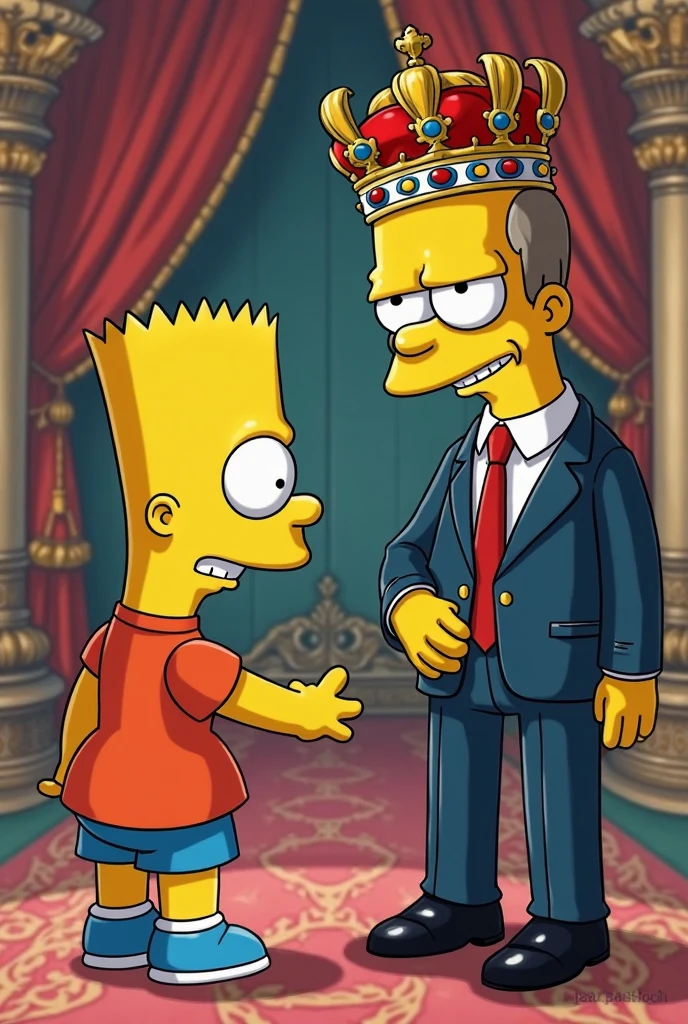 Create a picture of Bart “Jojo” Simpson with Felipe VI the King of Spain