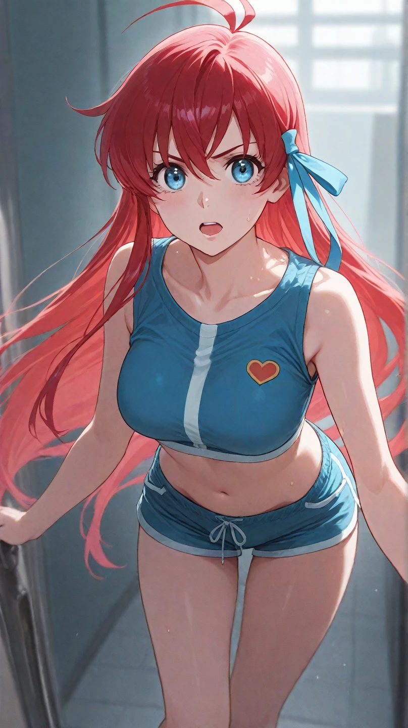 (masterpiece), perfect anatomy, intricate, (highly detailed), masterpiece, photorealistic, perfect anatomy, cinematic lighting, shading, ranma1/2, ranma-chan, super detailed skin , fat , thick thighs , big breasts , big ass , beautiful detailed eyes, blue eyes, slant eyes, best quality, ultra-detailed, (illustration), ultra-detailed, looking at viewer, (extremely delicate eyes:1.3), Red-Haired:1.3, (braided ponytail), (side parting of bangs hair), (Add volume to bangs), pink sports bra, (extremely detailed top), pink gym shorts,  (extremely detailed gym shorts),  wristbands, (black-wristbands), blush, squat pose, vibrant colour, shadow, contrast, refraction, perspective, depth, good anatomy, stunning details ,  (shower room background), happy theme, indie aesthetic, 