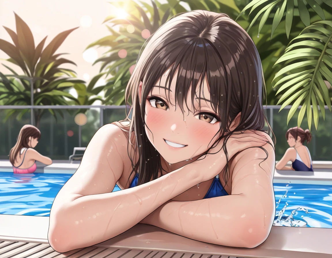 highest quality、High resolution、Detailed Background、Beautiful face in every detail、Anatomically correct、Detailed facial expressions、(Detailed eyes:1.2)、(Highly detailed face:1.4)、(Huge breasts:1.1)、cute hair color、Braided bob cut、Braided Ponytail、Teenage beauty、Sailor Bikini、Sailor School Swimsuit,(White sailor collar)、My whole body gets wet、Wet and see-through swimsuit、Water play spot、Water slide、Water play event、sexual expression、smile、cute hairstyle、In a joking manner、(Three girls having fun:1.5)、Smiling、Throwing water at each other、cute