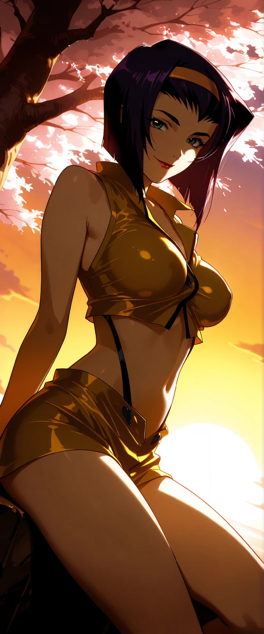 1 woman, faye valentine, dutch angle, purple hair, green eyes, cheerful smile, one-piece dress (yellow), windy, cherry blossom trees, sunset, chiaroscuro, masterpiece, high quality, highly detailed