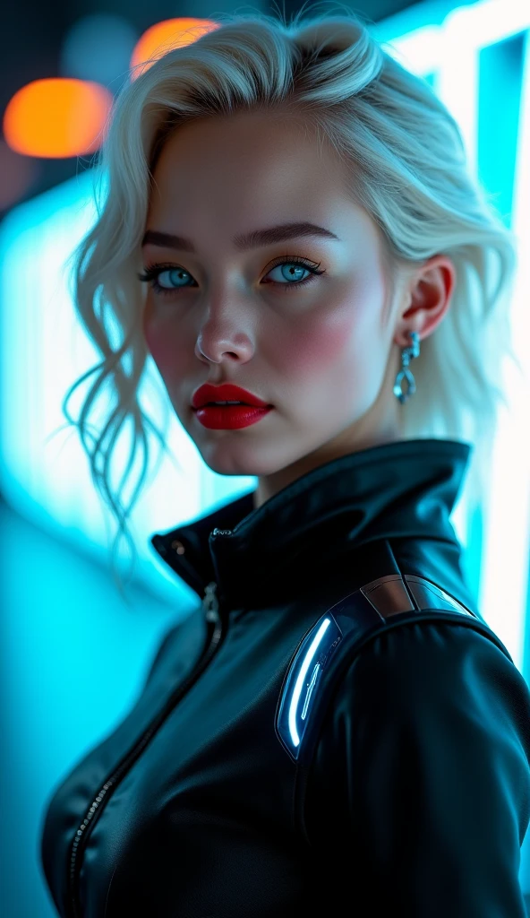 Create an ultra-detailed, hyperrealistic close-up portrait capturing a striking vision of futuristic high fashion, heavily inspired by the provided reference image. The subject is a captivating woman with flawless, pale porcelain skin and intensely piercing, luminous ice-blue eyes that gaze directly and confidently at the viewer. Her voluminous platinum blonde hair cascades over one shoulder in soft waves, catching the light. She wears bold, matte crimson red lipstick that contrasts sharply with her fair complexion.

Her attire is a sleek, form-fitting, high-collared black jacket or top, possibly made from an advanced synthetic leather or high-tech polymer with a subtle, non-glossy sheen. The garment features clean lines, a prominent front zipper, and intricate seam details suggesting advanced tailoring. Incorporate subtle yet distinct futuristic elements integrated into the outfit: perhaps a minimalist, angular metallic accent piece near the collarbone or shoulder, and faint, embedded cool blue or white LED light strips or subtle reflective highlights suggesting integrated technology, particularly noticeable on the shoulder contours and reflecting the ambient light.

The background is intentionally blurred into a dynamic bokeh effect, composed of vibrant, out-of-focus neon lights – predominantly electric blues, cyans, contrasted with warmer streaks of orange or red – evoking the atmosphere of a bustling, sophisticated cyberpunk cityscape at night or a high-tech interior.

The lighting is dramatic, high-contrast, and cinematic. A key light source illuminates her face and the front of her outfit, sculpting her features, creating sharp, defined highlights on the texture of the suit and her hair, while casting deep, rich shadows that add depth and mystery. Ensure subtle reflections of the background neon colors glint off the surface of her clothing and catch slightly in her hair and eyes.

The overall mood should be sleek, sophisticated, intense, modern, and slightly e