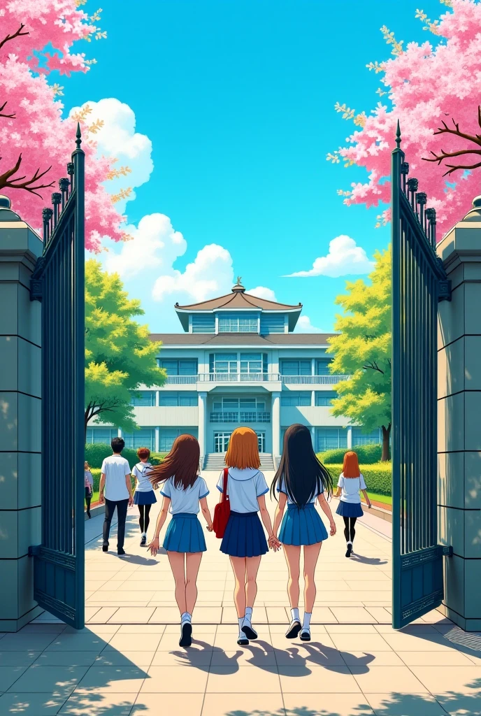 Create a high school manga image and small gate to enter three friends big High school japanese manga style 