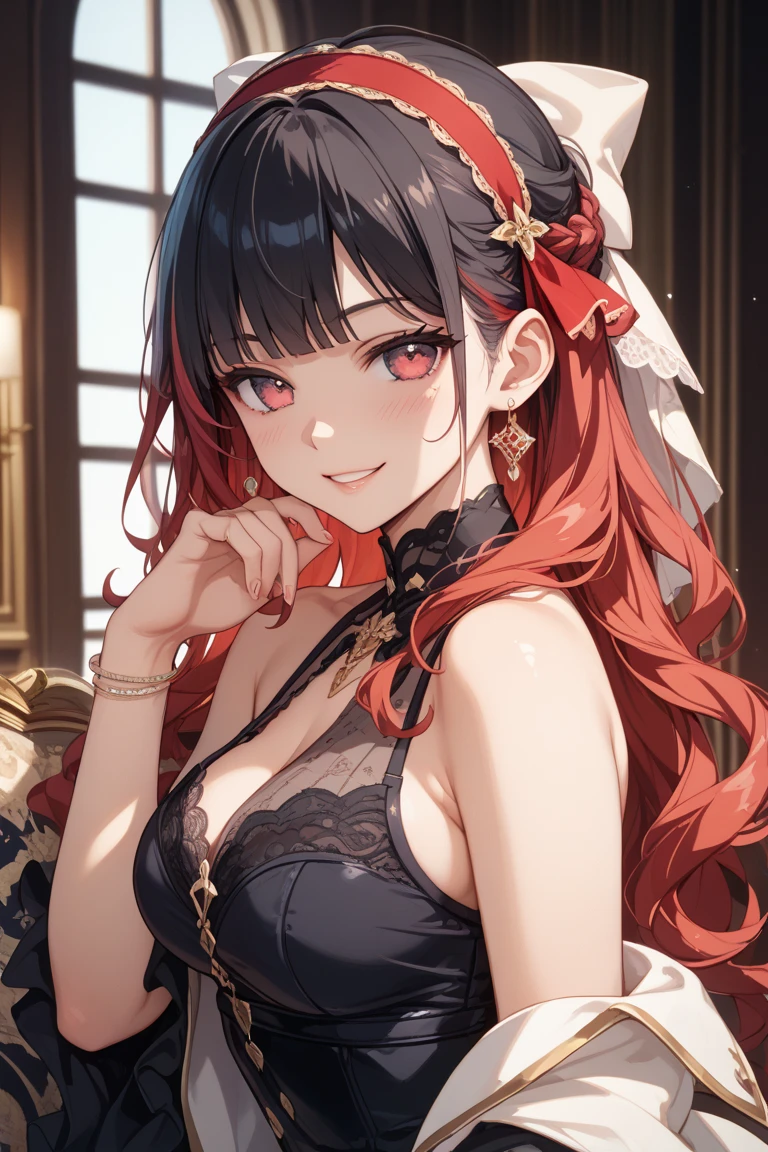 (masterpiece, top quality, very aesthetic, 4k、illustration), intricate detail, 1woman,solo,contrapposto 、(gradient eyes、tareme)、Strong glowing eyes、parted bangs,Fair skin,(upper body)、Cool women、Cleavage、 smile、(red lipstick),beautiful face、(gradient hair)、(dark red hair)、(messy hair),sidelock ,parted bangs,red eyes、halter top Victorian Dress、medium breasts、slender 、
