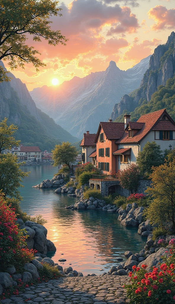 a small village by the river, mountains in the background, fleurs florales colorées,  detailed landscape , Beaux paysages naturels, atmospheric lighting, coucher de soleil brûlant, warm colors, pratique, photorealistic, Detailed foliage ,  complex buildings, Cobblestone street, Charming country house, bright swirling colors, lush vegetation,  Reflections of still water, Pittoresque, idyllique,  work of art, best quality, 8k, extremely detailed, style anime.