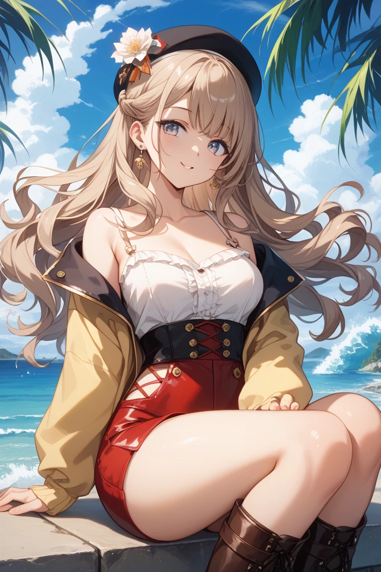 masterpiece、high resolution 8k、NSFW、sharp focus、contrast lighting、A cozy beach bar with a menu board, 1 girl, sitting on wooden stools,a red bikini top,blue denim jacket shorts,long blonde hair hair,smiling,headphone, a doorway leads to a sandy beach with a clear blue sky and a palm tree.
