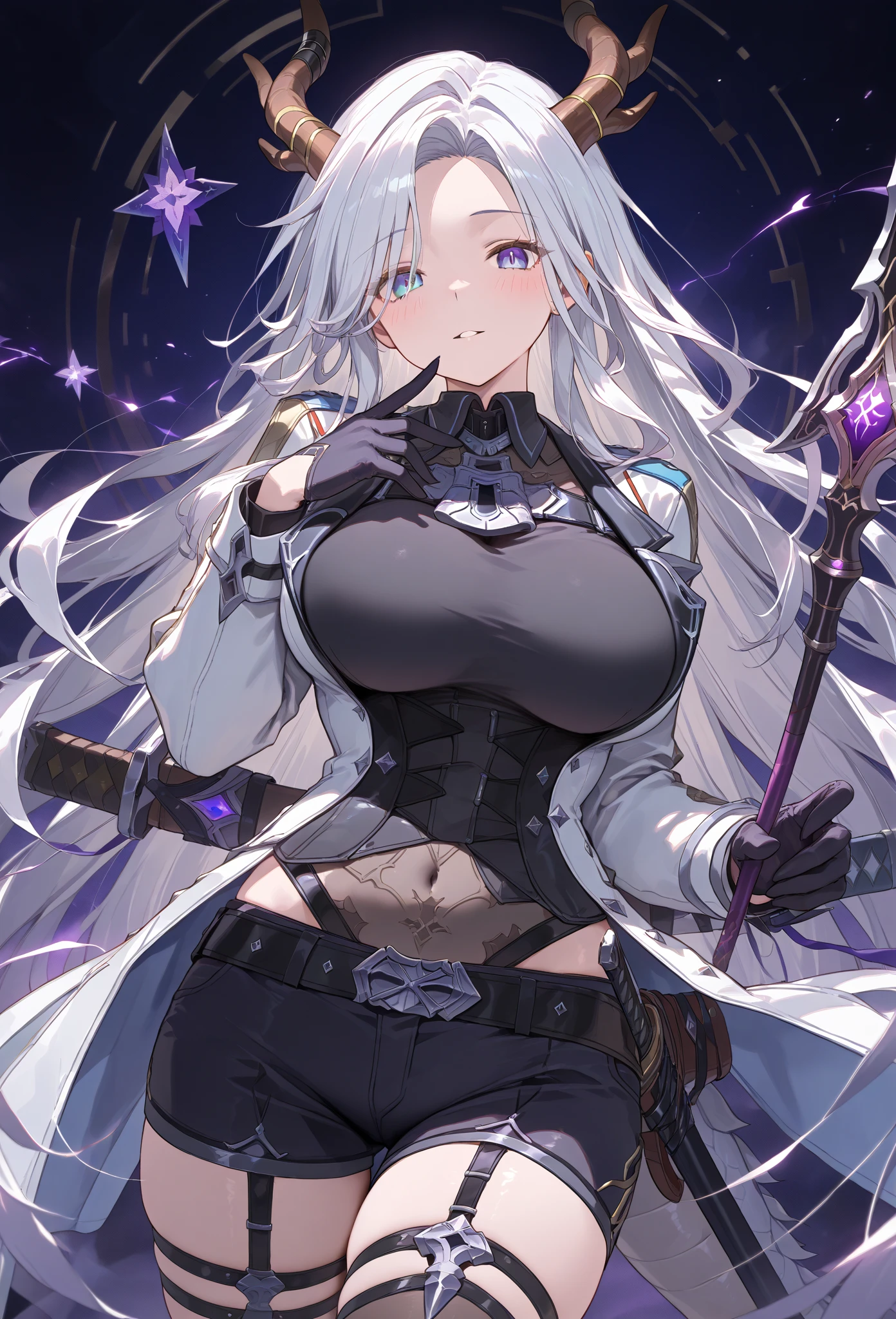 (Super detailed),fat,Watercolor pattern),(watercolor texture), (charming),stand up,master craftsman,Scathach,One piece black stockings,,(watercolor texture) ,(watercolor texture),black background,armor,Elf,Royal sister,,huge ,noble