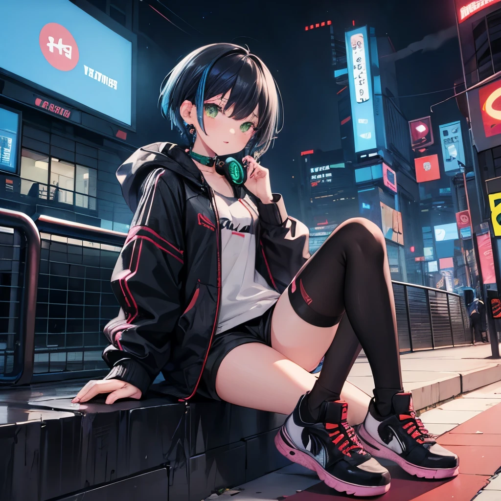 1 girl, city, neon, wearing streetwear, absurdres, high res, ultrasharp, 8k, masterpiece, aesthetic