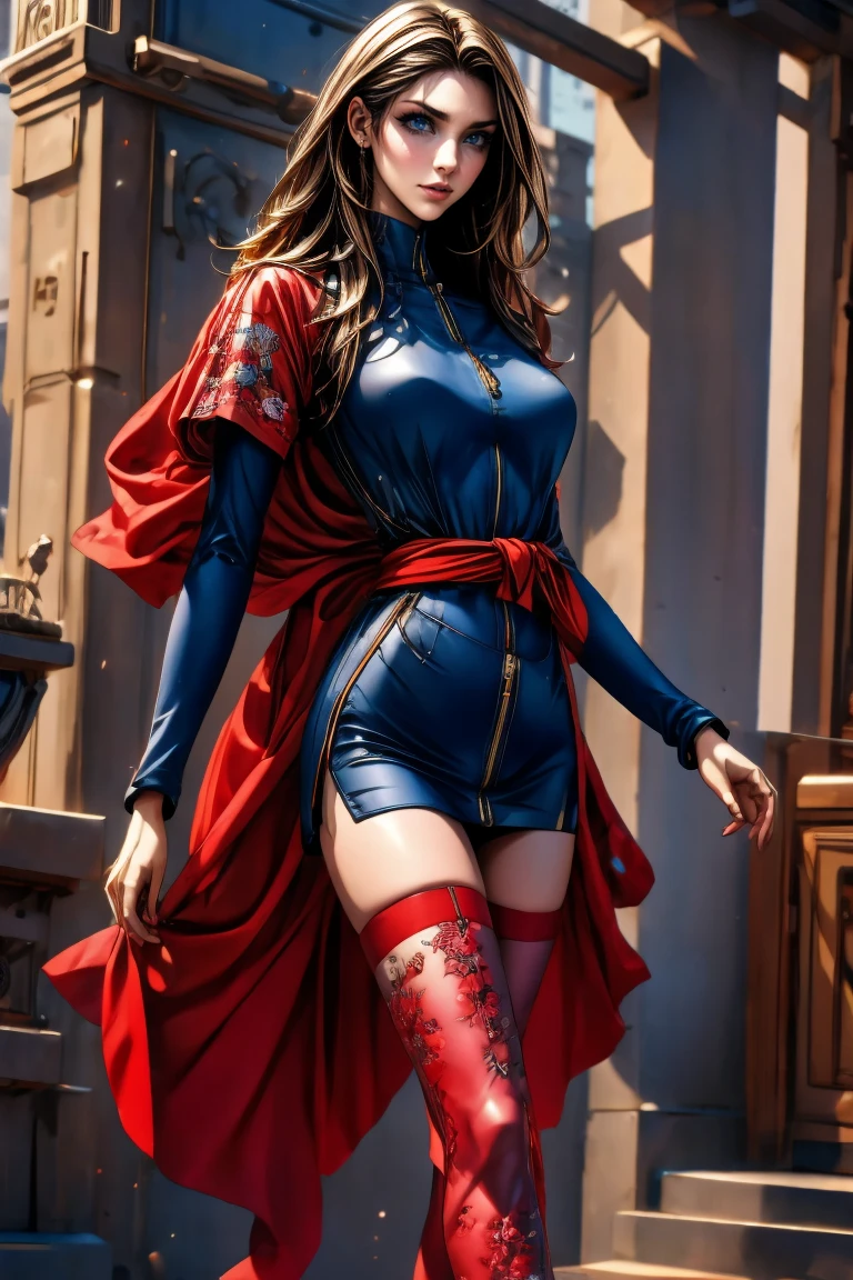 A full-body, ultra-detailed semi-realistic digital painting of a mature Serbian woman in her early 40s, with a tall, statuesque, and elegant figure that radiates strength and cultural pride. Her proportions follow a 10-heads-tall fashion model silhouette, with a modestly full bust, narrow waist, long athletic legs, and graceful posture. She stands confidently, with a subtle hip tilt and relaxed arms. Her skin is fair and smooth with a porcelain glow. Her facial features are traditionally Slavic—high cheekbones, a straight nose, defined jawline, and almond-shaped steel blue eyes under strong brows. Her expression is calm and noble, lips full and balanced, painted in matte wine-red. Her makeup is sculpted and minimal: taupe eyeshadow, soft contour, and light highlighter.

She wears a modern race queen outfit influenced by Serbian heritage. The zip-up crop top is deep red with navy accents, embroidered with silver geometric patterns on the shoulders and sleeves. A matching ultra-short miniskirt features navy side panels, silver-trimmed edges, and a crimson sash-style waistband resembling a traditional Serbian belt. Black thigh-high boots with silver embroidery and deep red fingerless gloves complete the bold yet refined ensemble.

Her dark brown hair is silky and straight, parted at the side and flowing down to her waist in polished, smooth strands. It is tucked behind one ear to reveal her facial features, with no bangs or accessories. The balanced length and natural volume of her hair enhance her poised, composed presence.

She stands before traditional stone architecture under soft golden light, with a subtly blurred Serbian urban backdrop that highlights her dignified appearance. Masterpiece, best quality, semi-realistic, 8K resolution, cinematic lighting, hyperrealistic portrait, finely detailed.