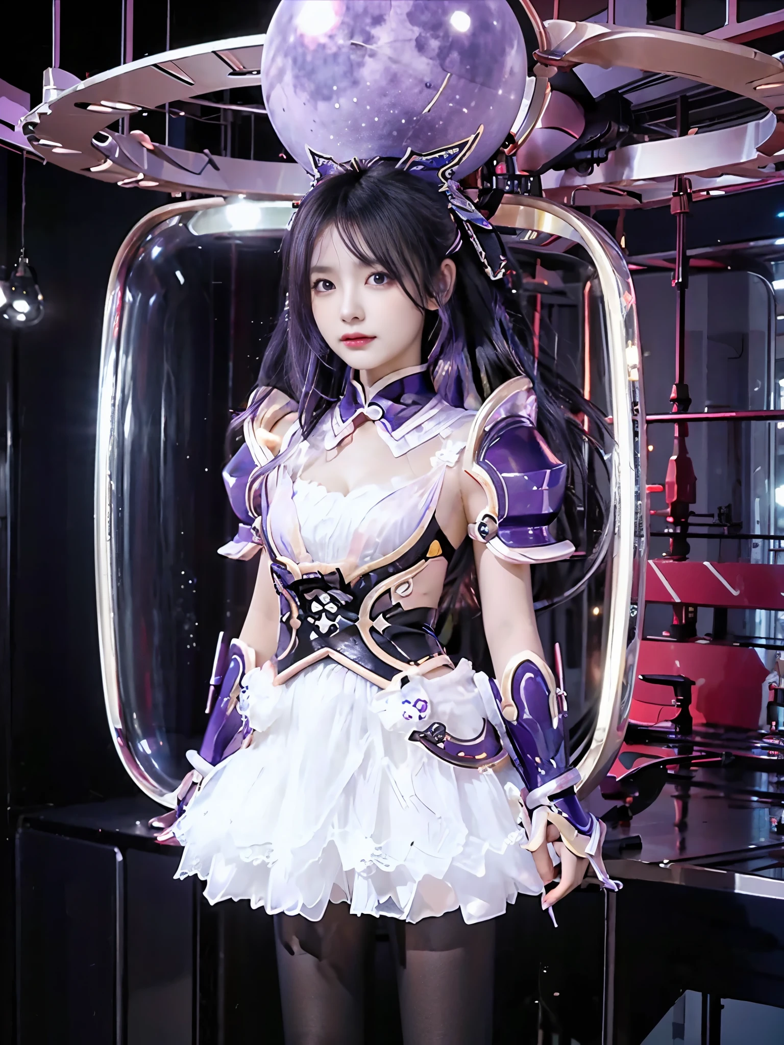 1 mechanical girl: 1.4,tohka\(dark\), (japanese girl 16 height 160 proportion 9:1 chest32 waist20 hip33 white skin purple hair), transparent latex dress, , on the side, Sci-fi Backgrounds Realistic Backdrops, complex background,inside a spaceship in the 2300s, shiny hair, light hair forehead, Moon , Panorama,