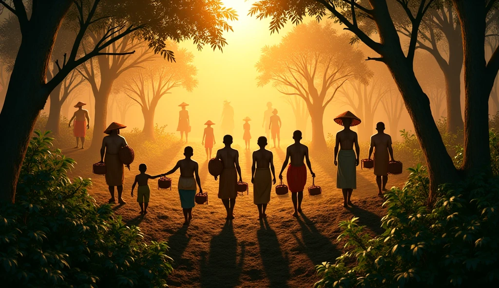 Location: Ghana 
Time: Dusk 

Villagers, old and young men and women and ren are carrying yams, kolanuts and palm fruits into the forest. Strange spirits appear in the forest 