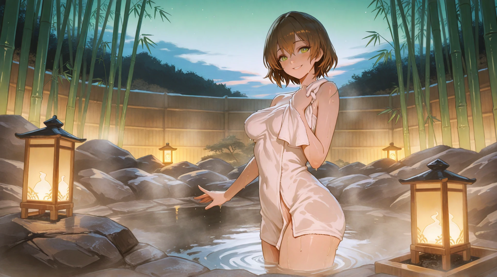 (nsfw:1.5), 1girl, solo, beautiful woman, she is sitting in abandoned metallic Framing Construction with water floor and moss and humid and plant and colorful flowers garden, wet, wettings, sunlit, blue sky, (close up), yellow fashion, face focus, (transparent yellow bathrobe, naked)