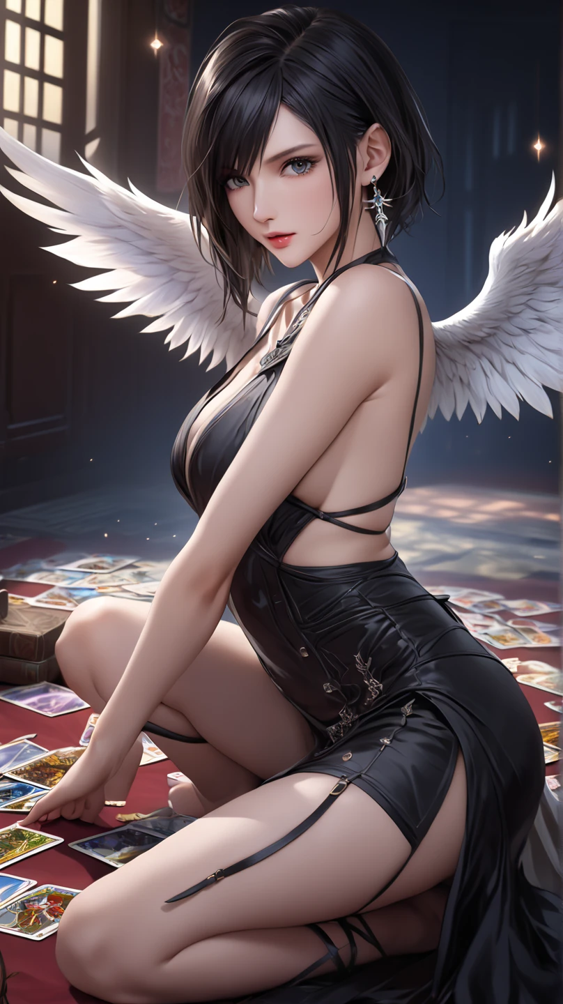 ((nsfw)),(gigantic breast:1)),(masterpiece, best quality),((high resolution 4k)), 1lady, solo, wings,fallen angel, black short hair, loose waves, red eyes,wet body,water drops on her body,full naked,private parts exposed,no clothes,squatting pose,bottom view,looking at the sky