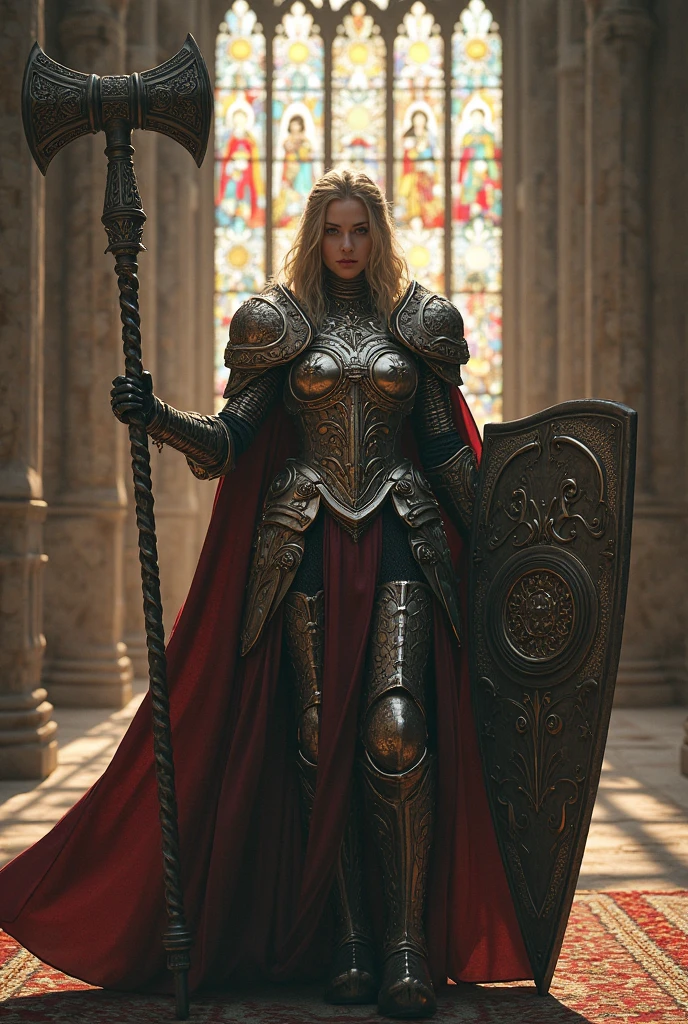 female woman cleric holding a mace and a shield wearing chain mail and big amulet