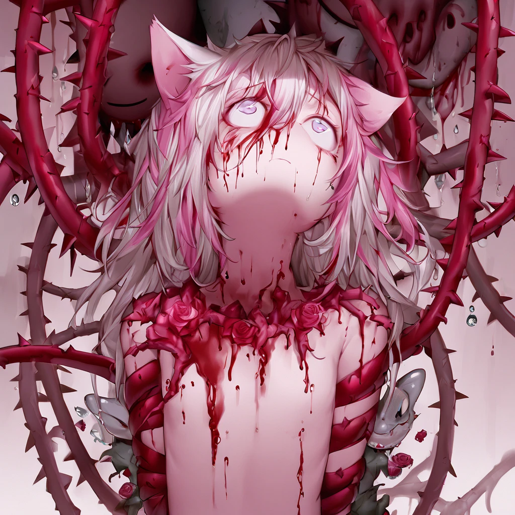 ((True best masterpiece, Ultimately perfect quality, Extremely delicate details)), ((Grotesque, Fleshy, Parasitism)), ((Wounds, Lacerations, Cysts, Tumors, Organs, Spines, Nodes, Mucus, Claws)), A slander girl, With small bust, With light gray hair, Wears worn out fabric, Was parasitized