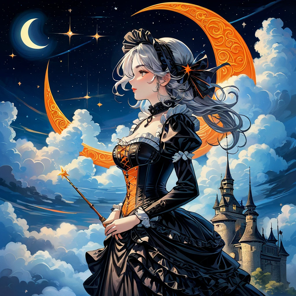 Elaborate illustration of maid with aura of loyalty, intricate detailed corset, profile, vivid contrasts, gentle touch rendering, exact detail, precision, fluffy clouds and crescent moon, single shooting star, (orange neon shooting star trails), high quality oil painting, stunning Beautiful touch rendering, Artistic clouds and moon, Fantasy, Fog around an old castle 