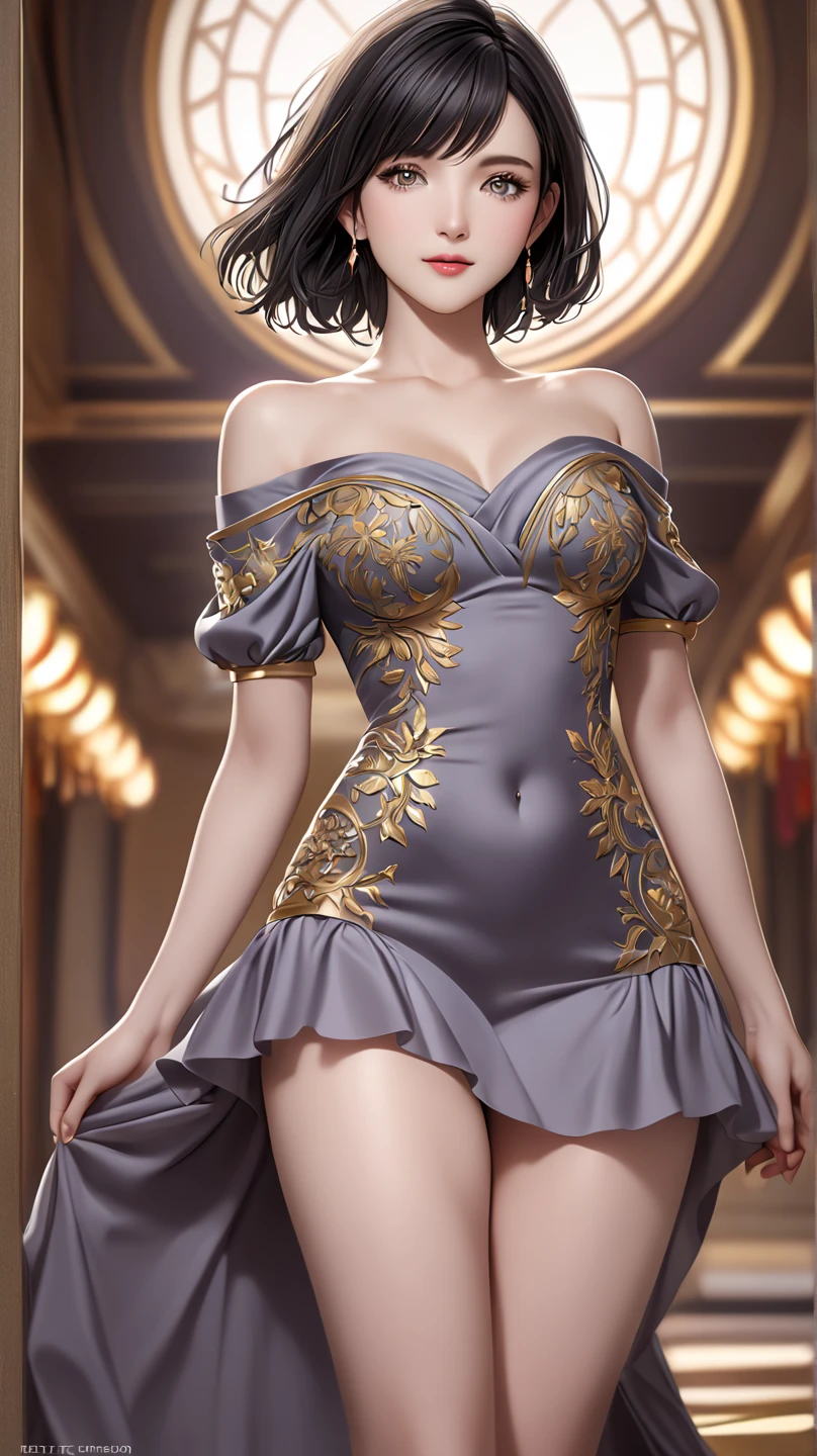 a beautiful woman, 25 years old, waist-length hair, trendy air sheer dress off the shoulders, exposed stomach, fashion party, glamour poses, hyper-detailed, realistic, 8k, photorealistic, masterpiece, dramatic lighting, cinematic, elegant, alluring, captivating, sensual, sophisticated, glamorous, stunning, ethereal, high-fashion
