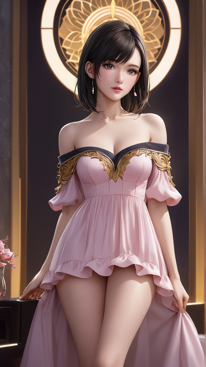 DisneyAurora 27 years old, ((( Selena Gomez:Emma Stone:0.7))) Beautiful woman (((Shoulder-Length Light Brown Hair))) (Bangs:1.2) ((Sparkling jewel-encrusted short-sleeved long lavender dress,With high heels)) Definition, Red lipstick, Smile, hand free, permanent, On the space station overlooking the Earth, (huge_breast:1.4) (Cleavage)(Curvy beauty:1.2)(Chubby:1.2)