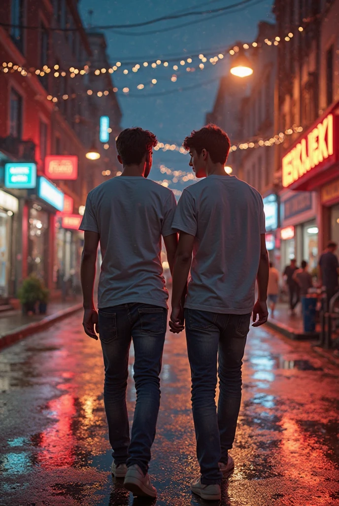 Dois Homens brasileiros sexy se beijando na rua a noite