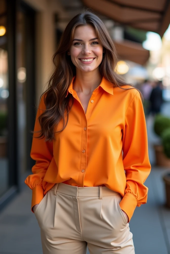 her name is Yasmin Fatima, high quality, ((mature)), ((white pale skin)), 1girl, ((30-year-old fit Swiss woman)), ((30 years old)), ((fit)), ((brunette)), pose: standing, wearing stylish (((light-yellow blouse and jeans))), ((BACKGROUND: Countryside barns in America)), random pose, cranky hair