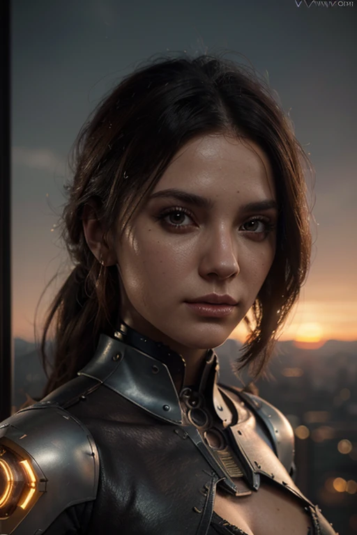 Portrait of a steampunk robot woman, intricately detailed, digital lighting, sunset gradient, trending artstation hq, octane render, unreal engine 4 mdjrny-v4 style