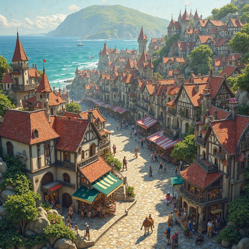 Cité fantaisie côtière comprise entre le moyen âge et le moderne. La cité vue d'en haut avec les rues marchands 
