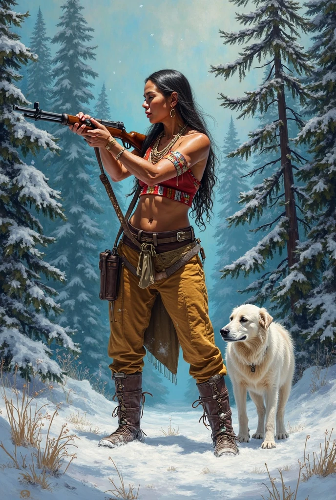 modern painting, indigenous woman, pouca roupa, With rifle in hand in attack position, In a forest and white shepherd dog next door, nevando
