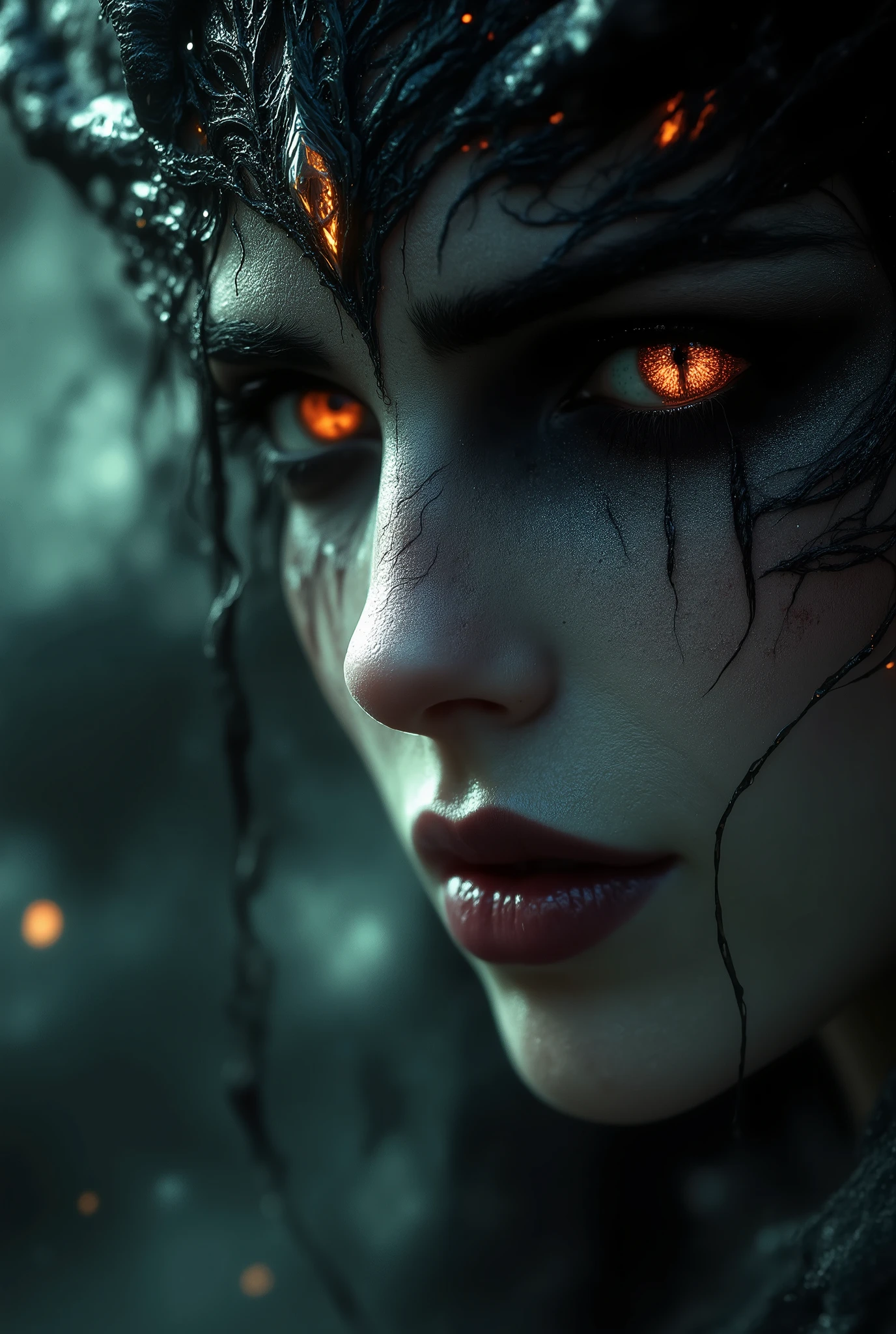 gothic woman,  face in the foreground, angelic smile with black tears of old sadness, an aura of innocence and purity surrounds her face, while her eyes shine with a dark intensity,  suggesting an internal struggle .  in the background, a dark and ghostly fog, demons and dark creatures hide and observe, challenging women's appearance of angelicality