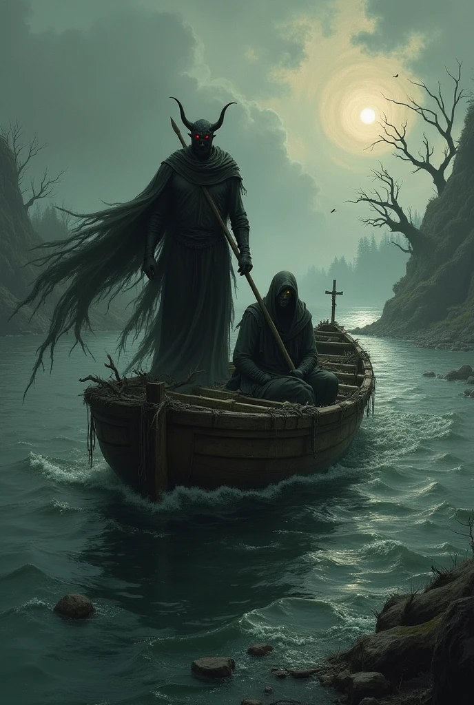 Painting of a man on a boat with a dog and a flashlight, Caronte, o barqueiro de Hades, pintura de fantasia, no estilo da arte digital da fantasia sombria grimdark