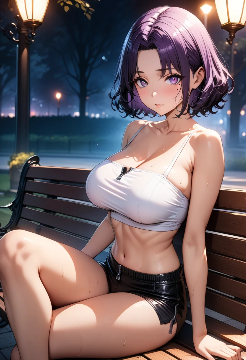 (Very detailed, highest quality, Anatomically perfect body), One girl, Anime Girls, dark purple hair,short hair,pixie cut,blunt bangs,dark purple eyes,heart shaped pupils,tareme,clenched teeth, Glowing Skin, Large Breasts,beautiful breasts,pointy breasts, Big Ass,beautiful ass,Embarrassed,Tank Top,pink swimsuit,lower body,sweat,wet,squatting,(open legs),Groin tattoo,glowing tattoo, (I want to pee:1.1),(Urination Desire:1.1), (Urge to urinate:1.3), (Person urinating:1.6), (An urgent need to go to the toilet:1.2), (bladder full:1.3),(Pee:1.3),(Peeing),(shame), (water),