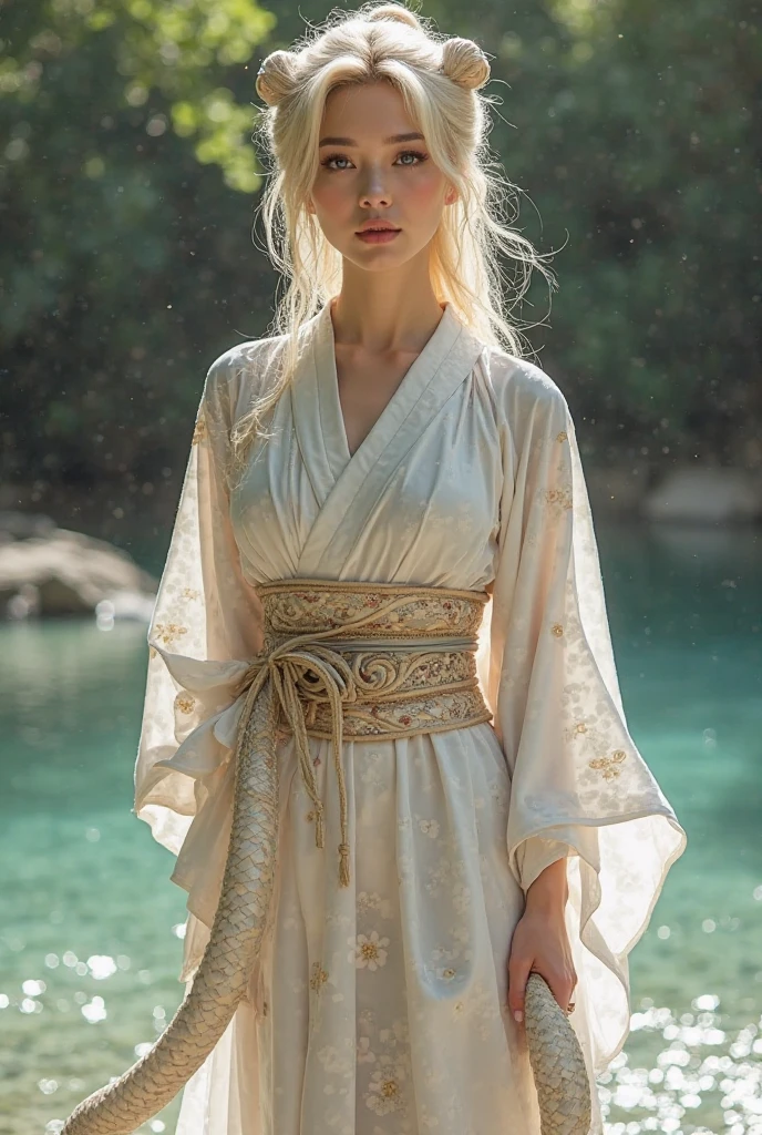 Put your whole body in a kimono dress for a blonde woman, a white snake, a fantastic white snake at your feet, a beautiful yet cute woman with a river in a fantastic background, and put in your whole body for a blond feeling