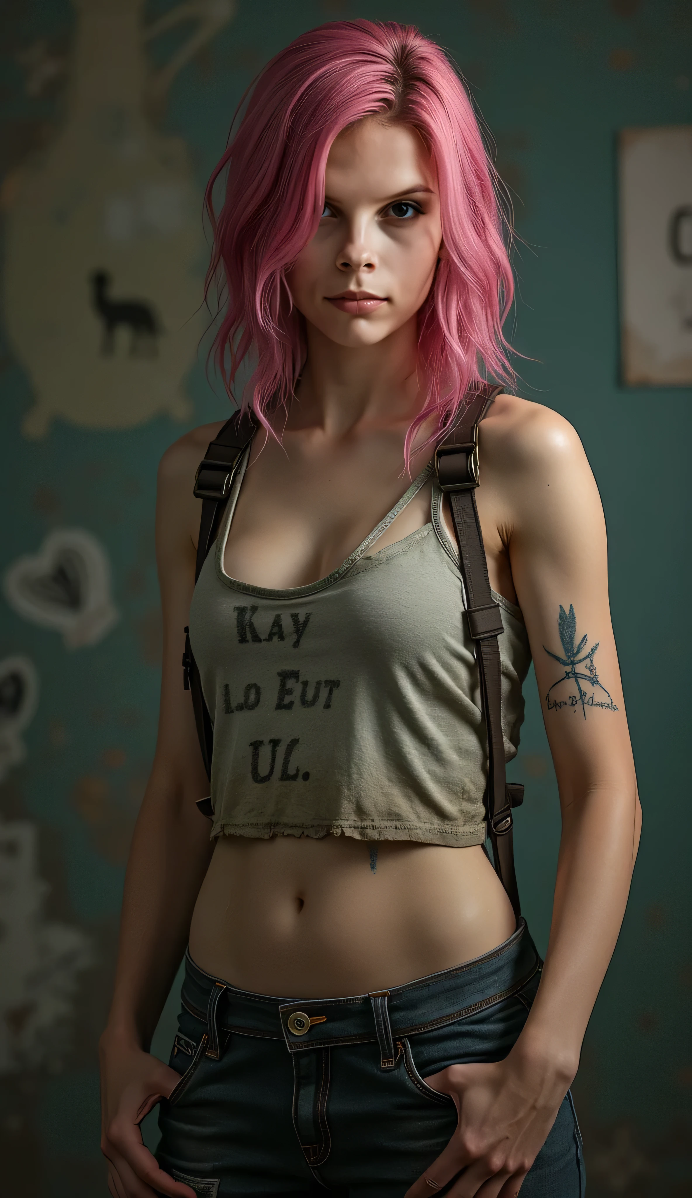 ((Best quality, 8k, Masterpiece: 1.3, realistic)), ((5120x1440)), Sharp focus: 1.2, 30 year old woman, ((Pink hair with orange/blue highlights)), Zombie apocalypse , Pistol holster strapped to leg, Assault rifle M4 on back, Machete in left hand, Desert Eagle Pistol in Right hand, Cargo pants, Hoodie, BodyArmor, backdrop of city burning, Looking at viewer, Dark and gloomy day, raining, sunset, depth of field, Detailed leather texture, Smoky atomsphere, (pale skin), (Ultra detailed face and eyes:1.3), Adult, ((Eye makeup, pink mascara)), ((large detailed lips)) (((ultra realistic))), masterpiece, Full body, Small nose, Sharp focus: 1.2, Full body, Multiple Ear Piercings, right side stud nose piercing, big cleavage, plain skin, ((very detailed eyes, very detailed iris)), Taken with, Canon EOS 4000D DSLR Hyperrealistic, photography, subsurface scattering, radiant light rays, high resolution, detailed facial features, high detail, sharp focus, soft, aesthetic, very detailed, spooky atmosphere, looking at viewer, smoke in sky, Burning, depth of field,