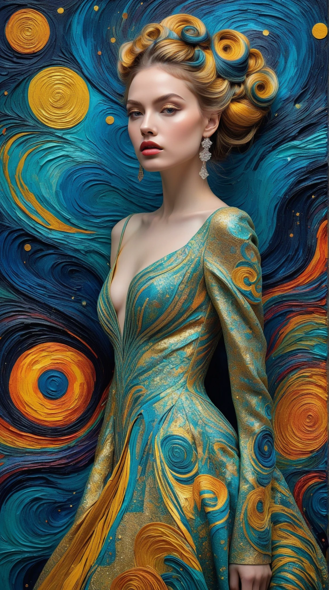 (Ultra-detailed, 8K resolution, hyper-realistic:1.3), soft-toned ethereal palette with subtle gradients, masterful oil painting texture (impressionistic, impasto strokes:1.2), blending Cubist geometry, Fauvist vibrancy, Surrealist dreamscapes, and Abstract expressionism into a cohesive avant-garde fashion design.**  very beautiful, very elegant

**A striking woman stands at the center, her gown morphing dynamically: angular Cubist patterns cascade into bold Fauvist color blocks, surreal floral motifs, and fluid Abstract shapes. Celestial constellations (Van Gogh-inspired swirling galaxies, luminescent stars:1.2) embroider her attire, merging seamlessly with a cosmic starry sky backdrop. The scene radiates otherworldly depth, with iridescent stardust, chromatic aberrations, and a soft chiaroscuro glow highlighting her poised figure. Richly textured canvas, dynamic composition, and a harmonious fusion of art movements evoke a timeless, museum-quality masterpiece.**  

**Additional keywords:** Subtle gold leaf accents, Art Nouveau elegance, fragmented mirrors (Surrealism), prismatic light diffusion, cosmic serenity.  

---  
This prompt emphasizes technical quality, interweaves specific art movement influences into the design, and creates a cohesive, dreamlike narrative between the figure and the cosmos. Weightings (e.g., `:1.2`) can be adjusted based on your AI tool’s syntax.