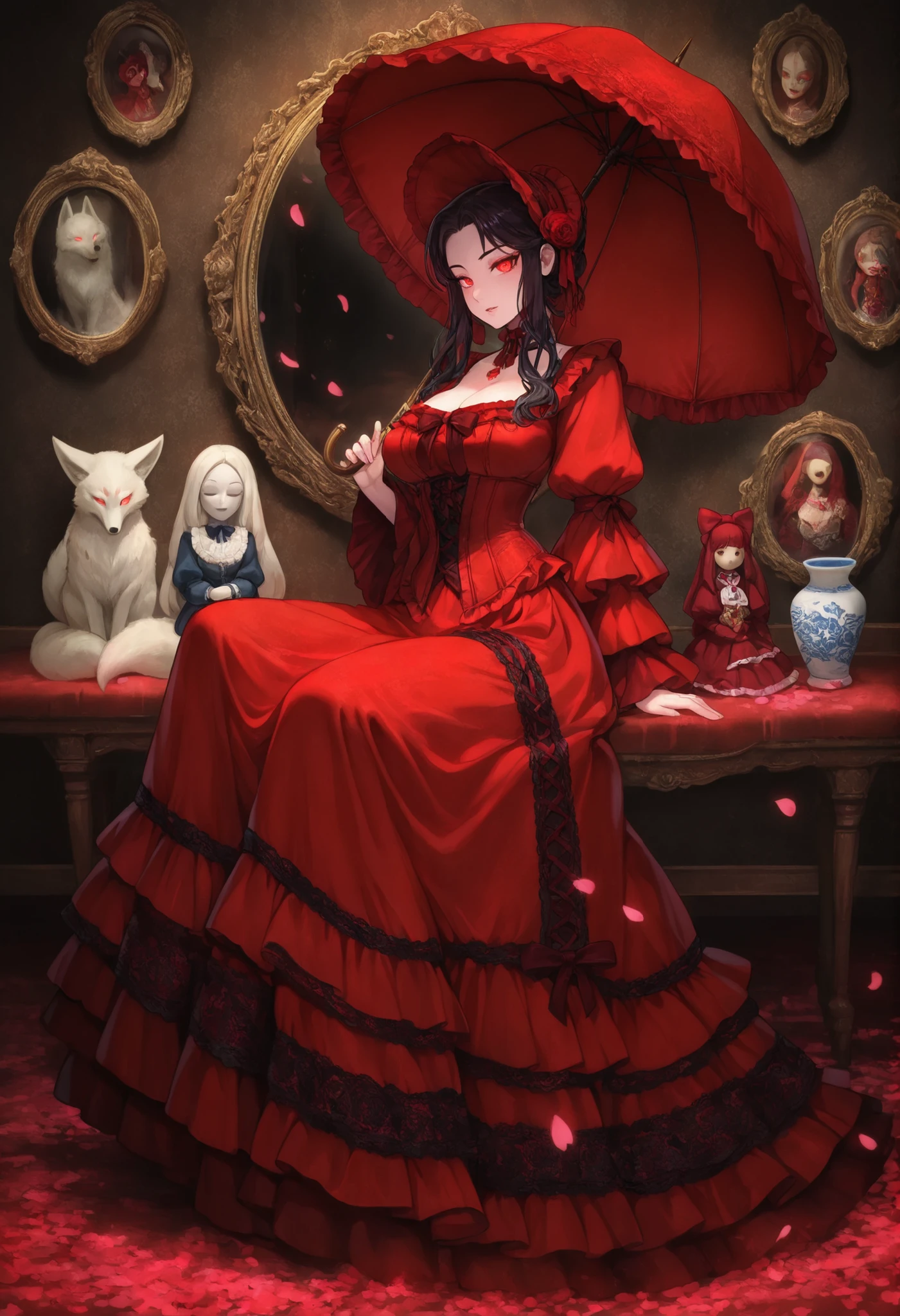 1girl,nine-tailed fox spirit in Victorian lolita dress, lace parasol, porcelain doll face, glowing red eyes, cherry blossom petals swirling, antique European mirror portal, dark fairy tale contrast
,masterpiece, best quality, newest, highres, absurdres,