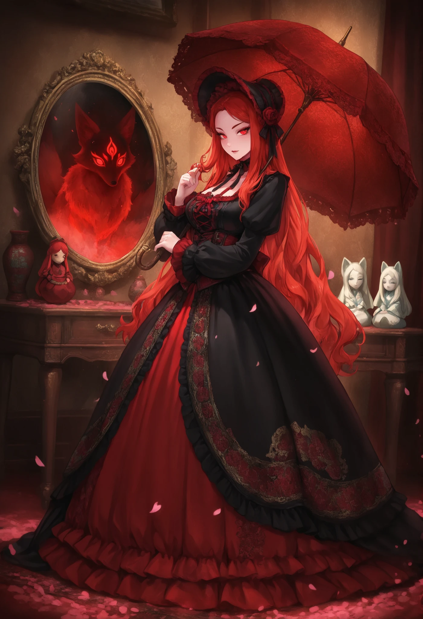 1girl,nine-tailed fox spirit in Victorian lolita dress, lace parasol, porcelain doll face, glowing red eyes, cherry blossom petals swirling, antique European mirror portal, dark fairy tale contrast
,masterpiece, best quality, newest, highres, absurdres,